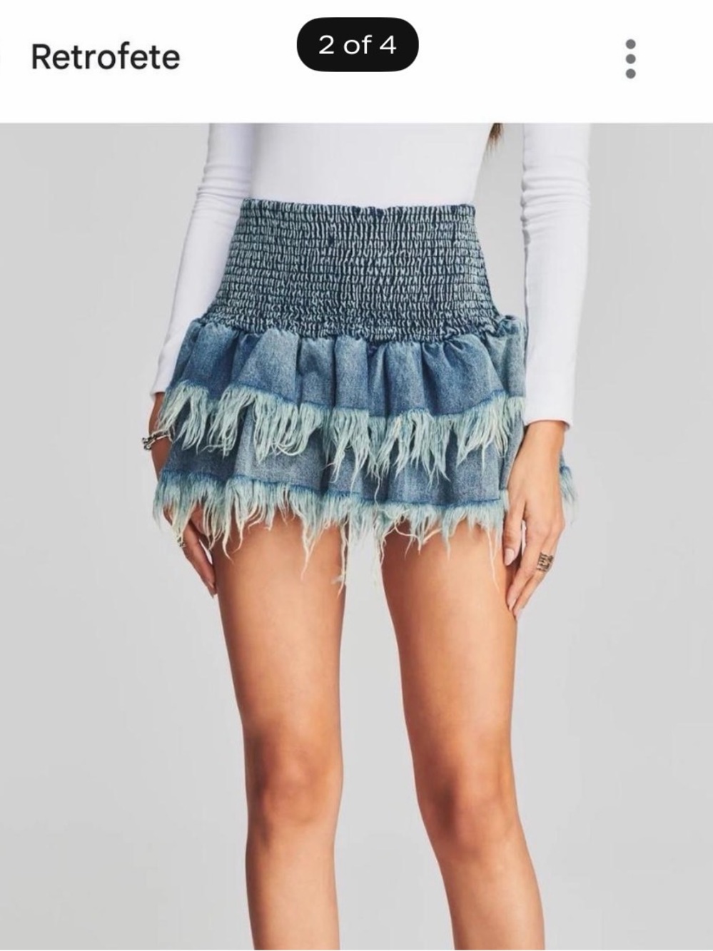 Retrofete Light and Mid Blue Tiered Fringe Denim Mini Skirt